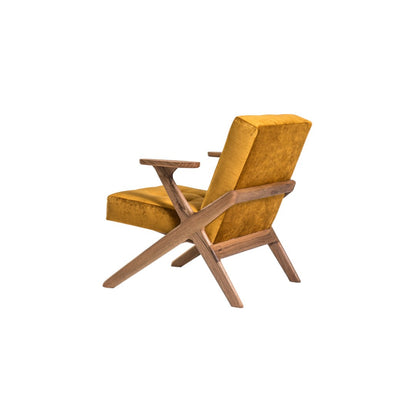 ROCCA-Designer Sessel aus Massivholz Stoffpolsterung-Seitenansicht von hinten-nussbaum
